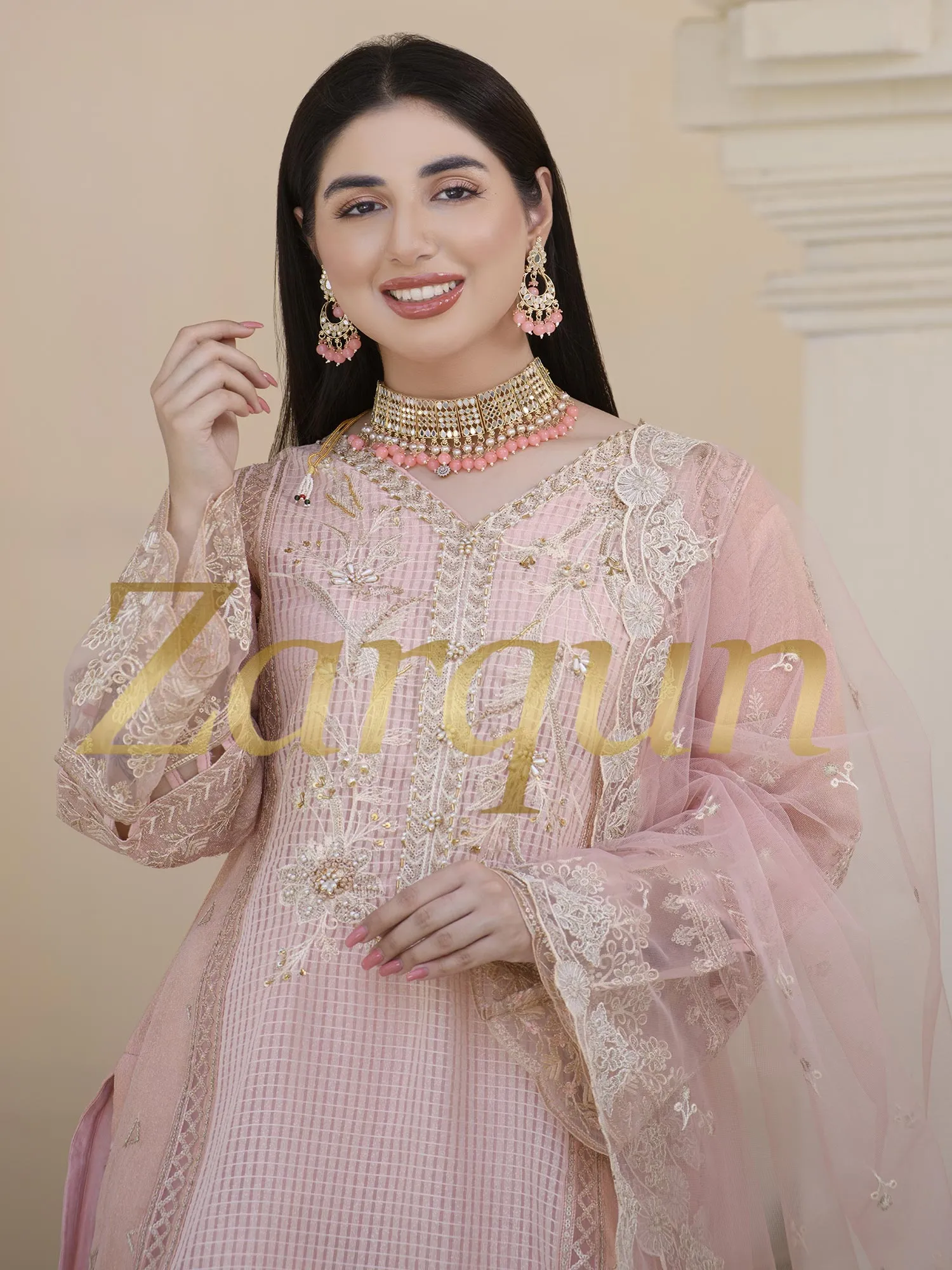 Zarqun Pink Fancy Embroidered Net Suit