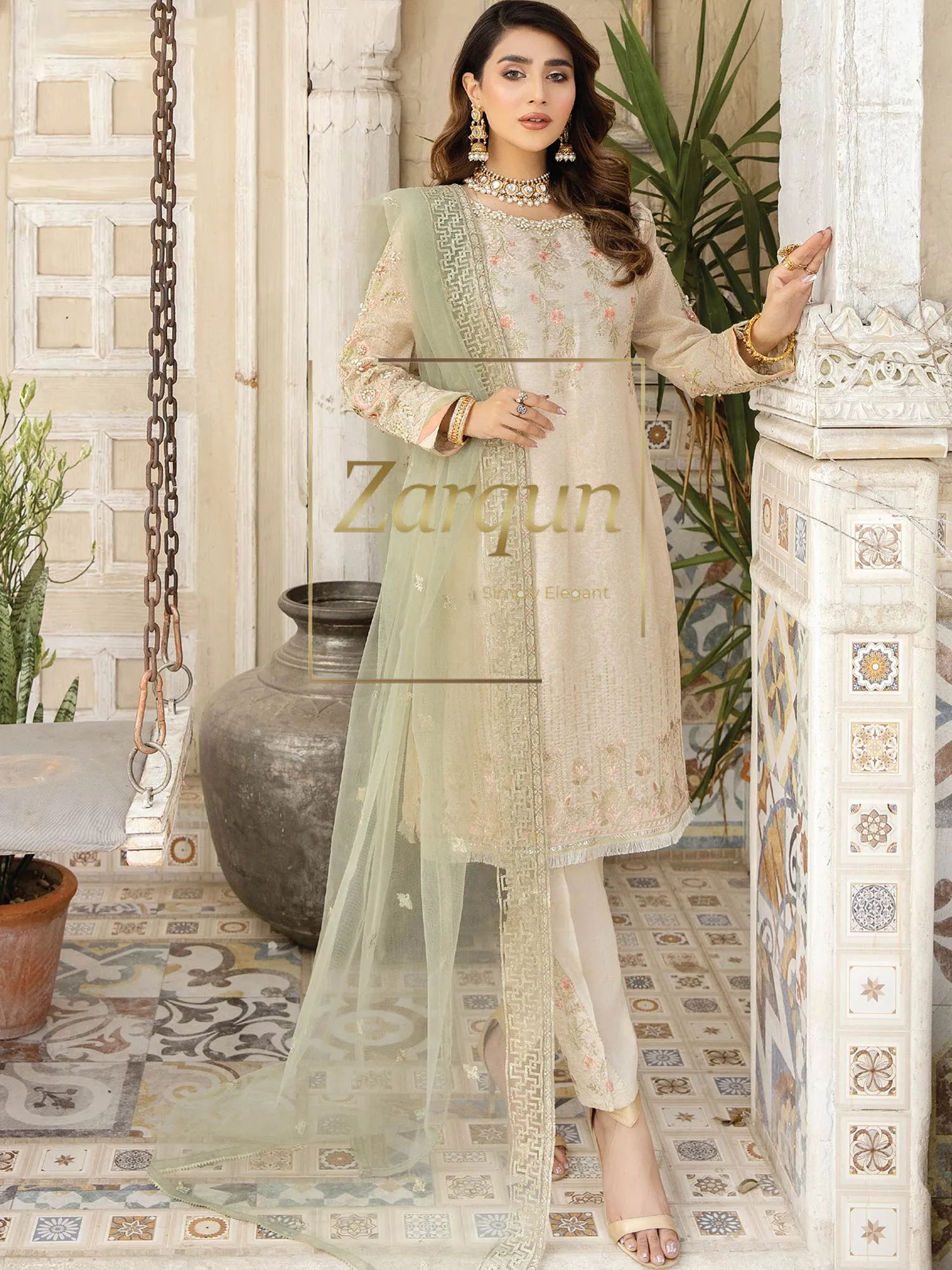 Zarqun "Virsa" Light Skin Fancy Embellished Net Suit (2311A)